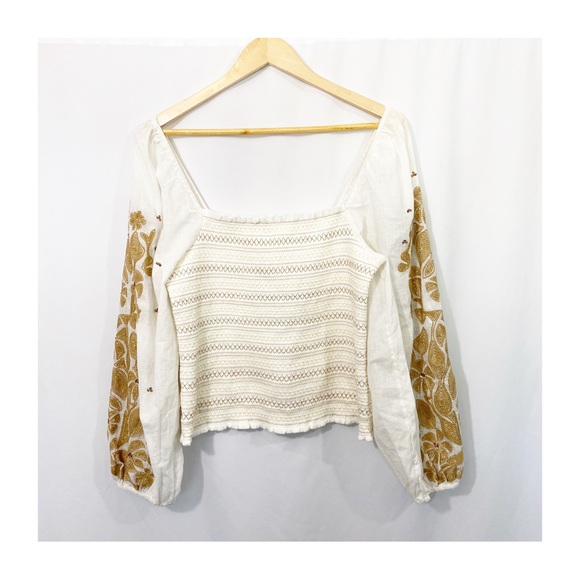 Anthropologie Neutral Smocked Embroidered Ballon Sleeve Blouse Top - Picture 3 of 12